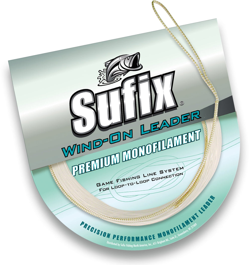 Sufix Wind-On monofilament leader, 200 lb, 33 ft, clear, ideal for knotless mainline connections
