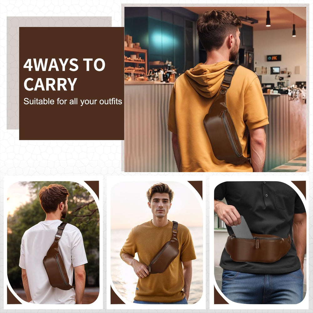 SUIKIHUM Soft Leather Fanny Pack brown tone complements outfits.
