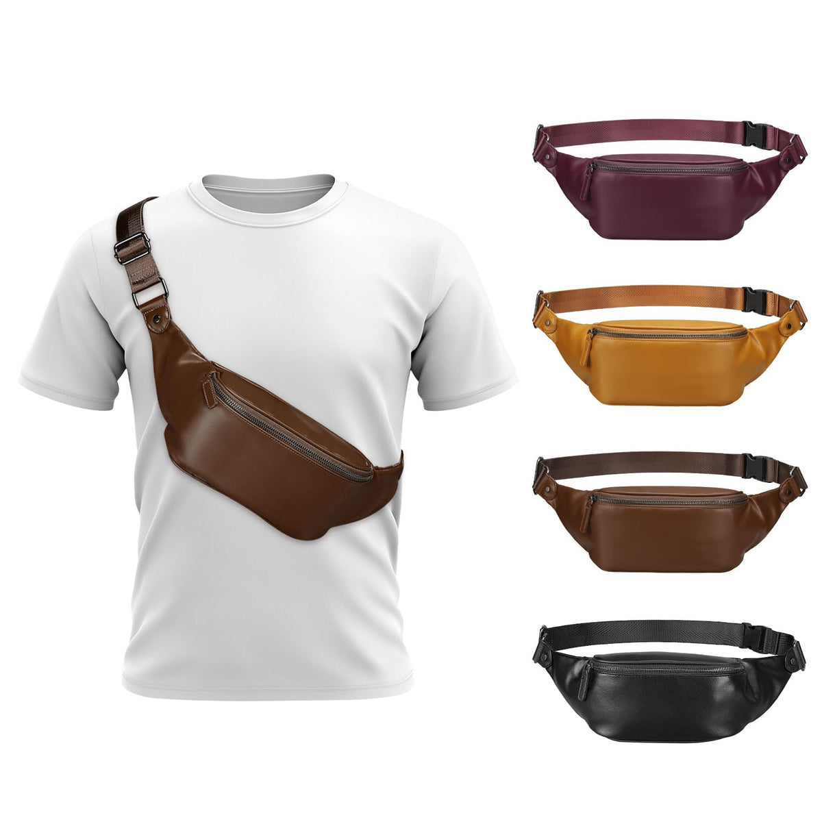 SUIKIHUM Soft Leather Fanny Pack front view for compact daily carry.