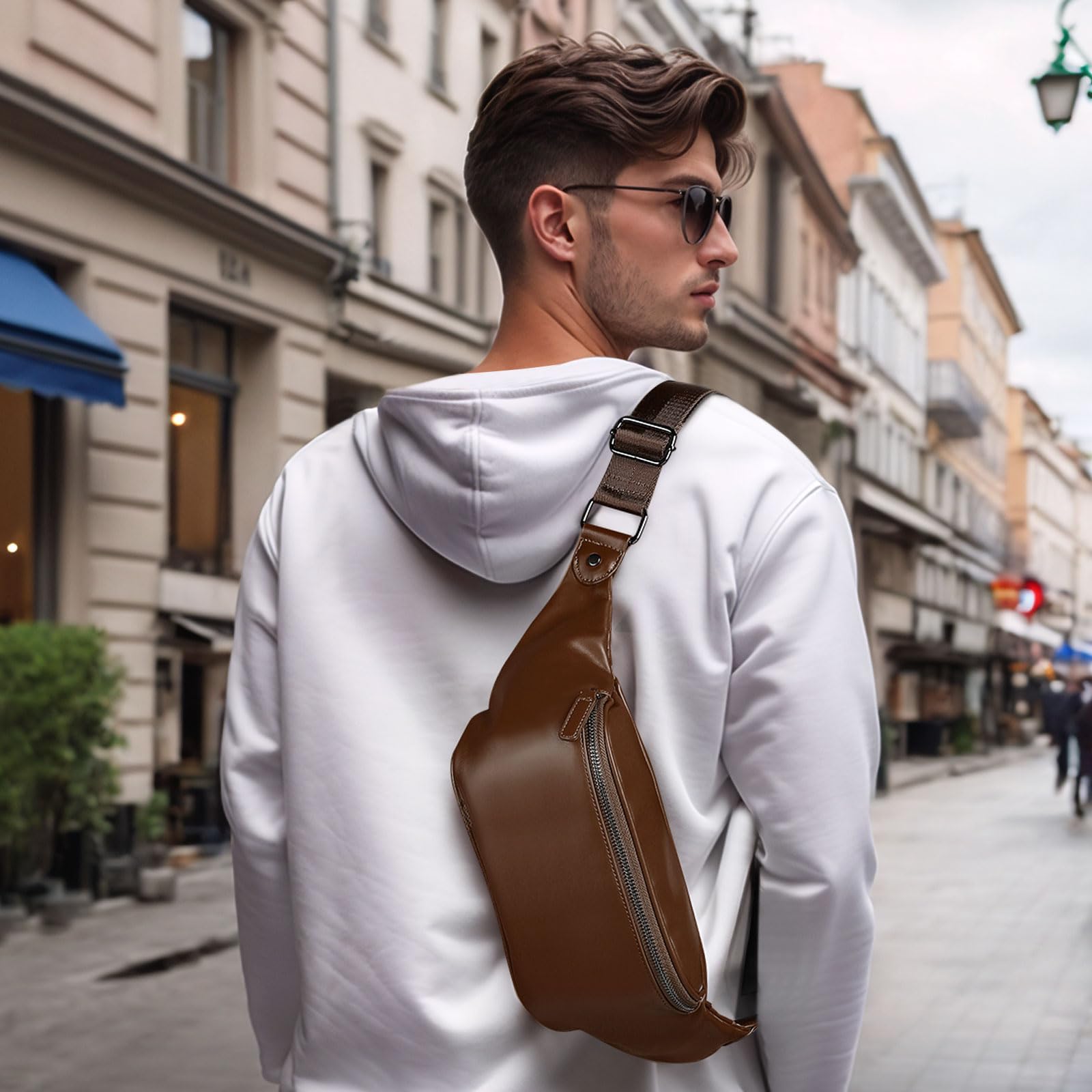 SUIKIHUM Soft Leather Fanny Pack worn crossbody for hands-free travel.