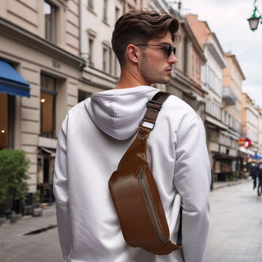 SUIKIHUM Soft Leather Fanny Pack worn crossbody for hands-free travel.