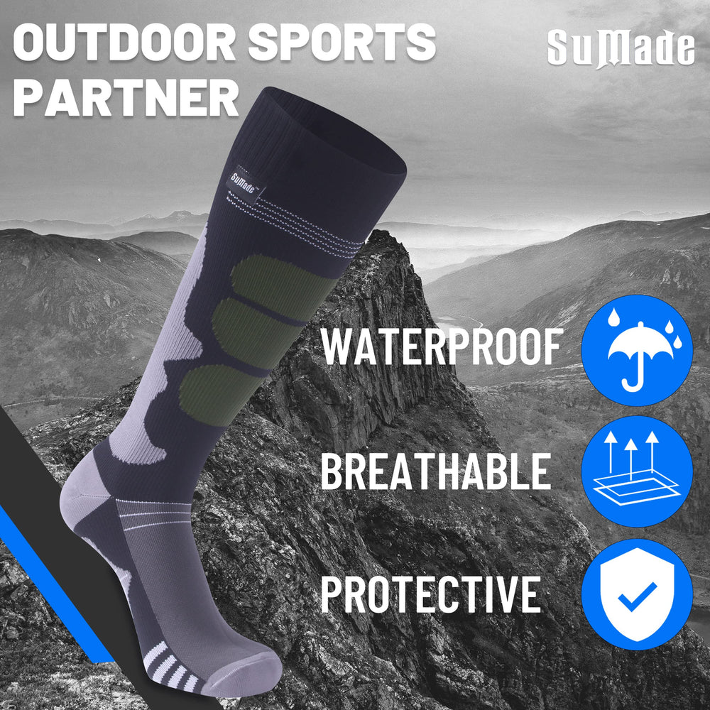 SuMade knee-high waterproof socks in-boot-comfort—keeps feet warm and dry during cold rides.