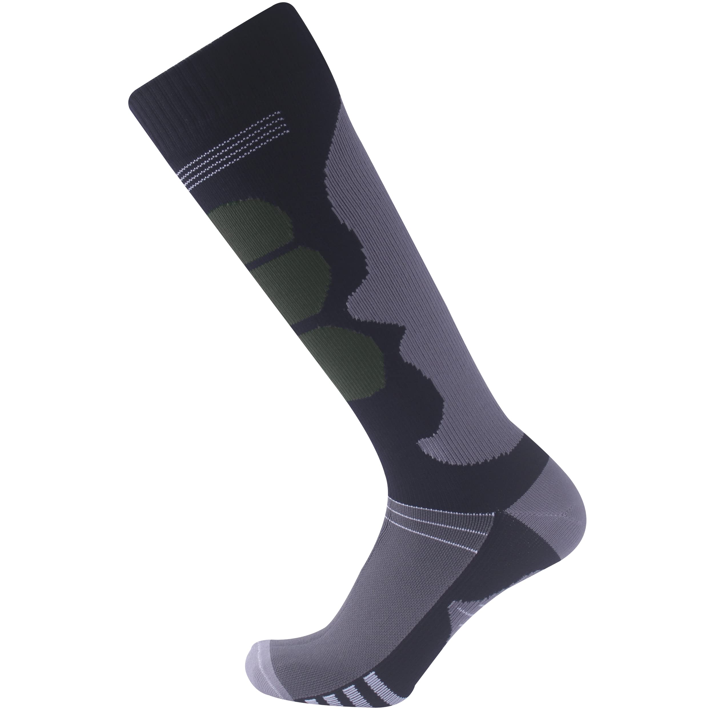 SuMade long waterproof knee-high socks in gray and green keep feet dry in rugged outdoor hikes.