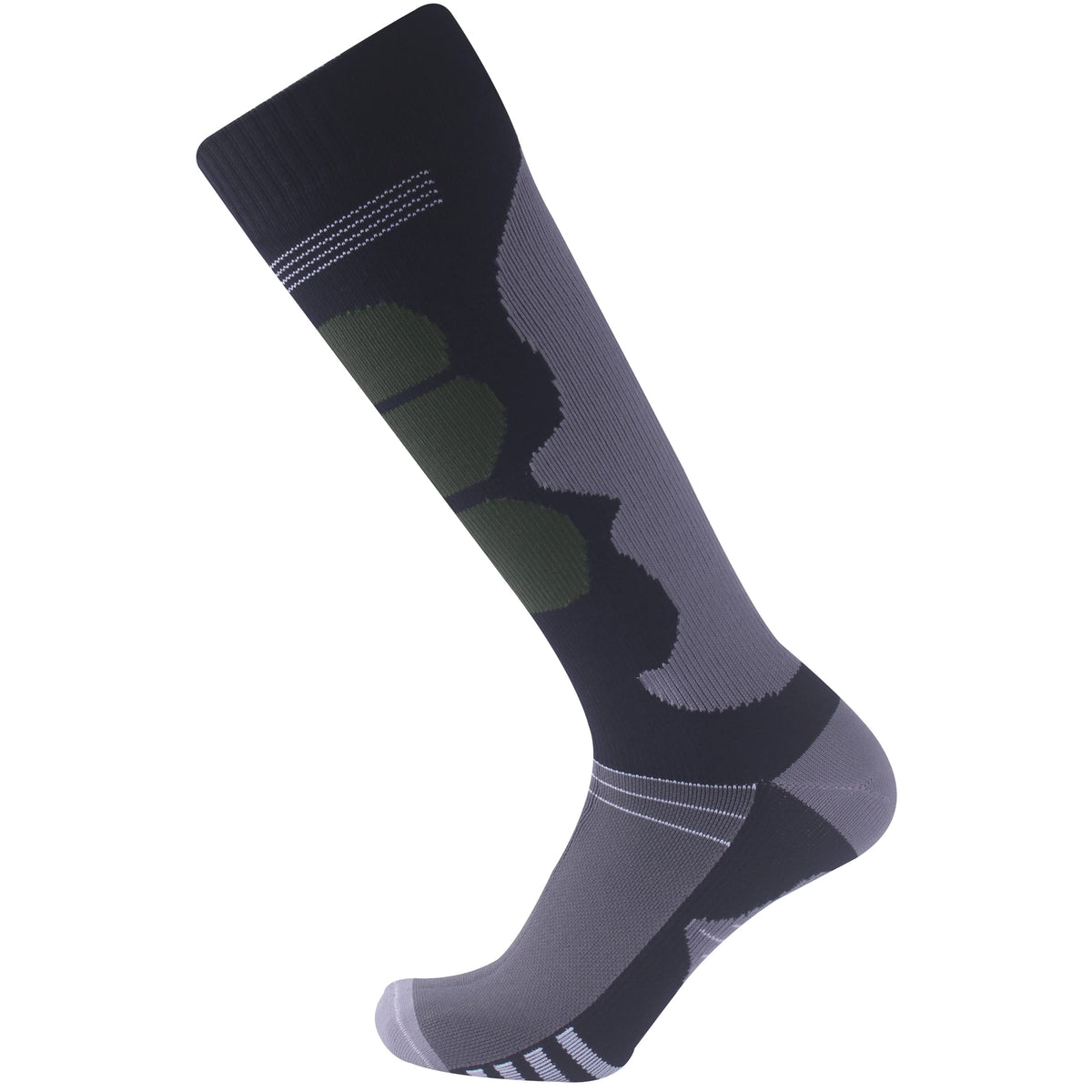 SuMade long waterproof knee-high socks in gray and green keep feet dry in rugged outdoor hikes.