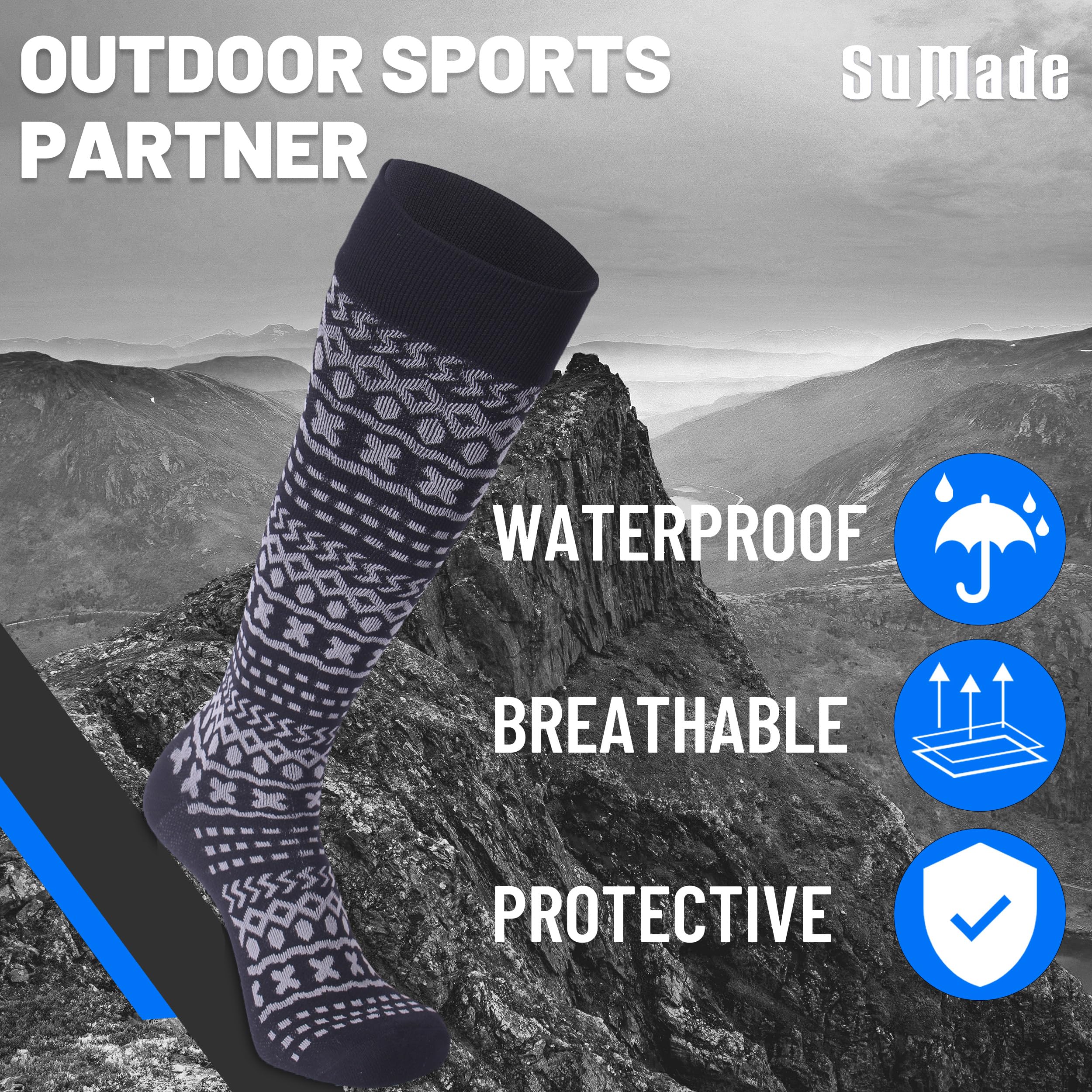 SuMade unisex hiking sock in black, full-length use for outdoor adventures.