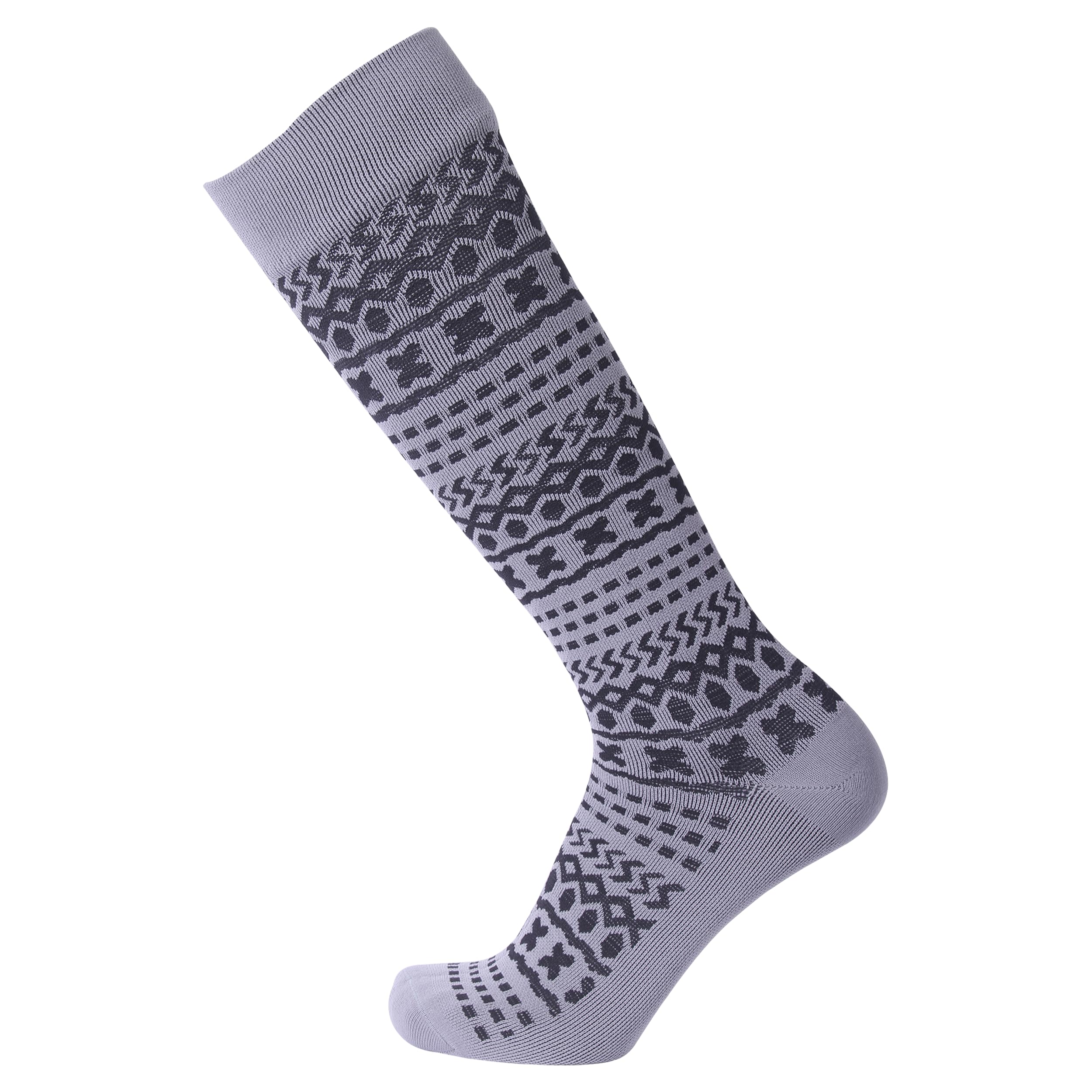 SuMade Waterproof Socks gray-black on foot offer warmth and dry comfort for outdoor adventures.