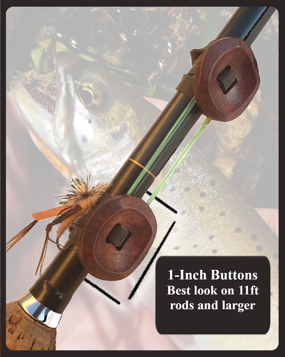 Close-up of top button and rubber band on line holder