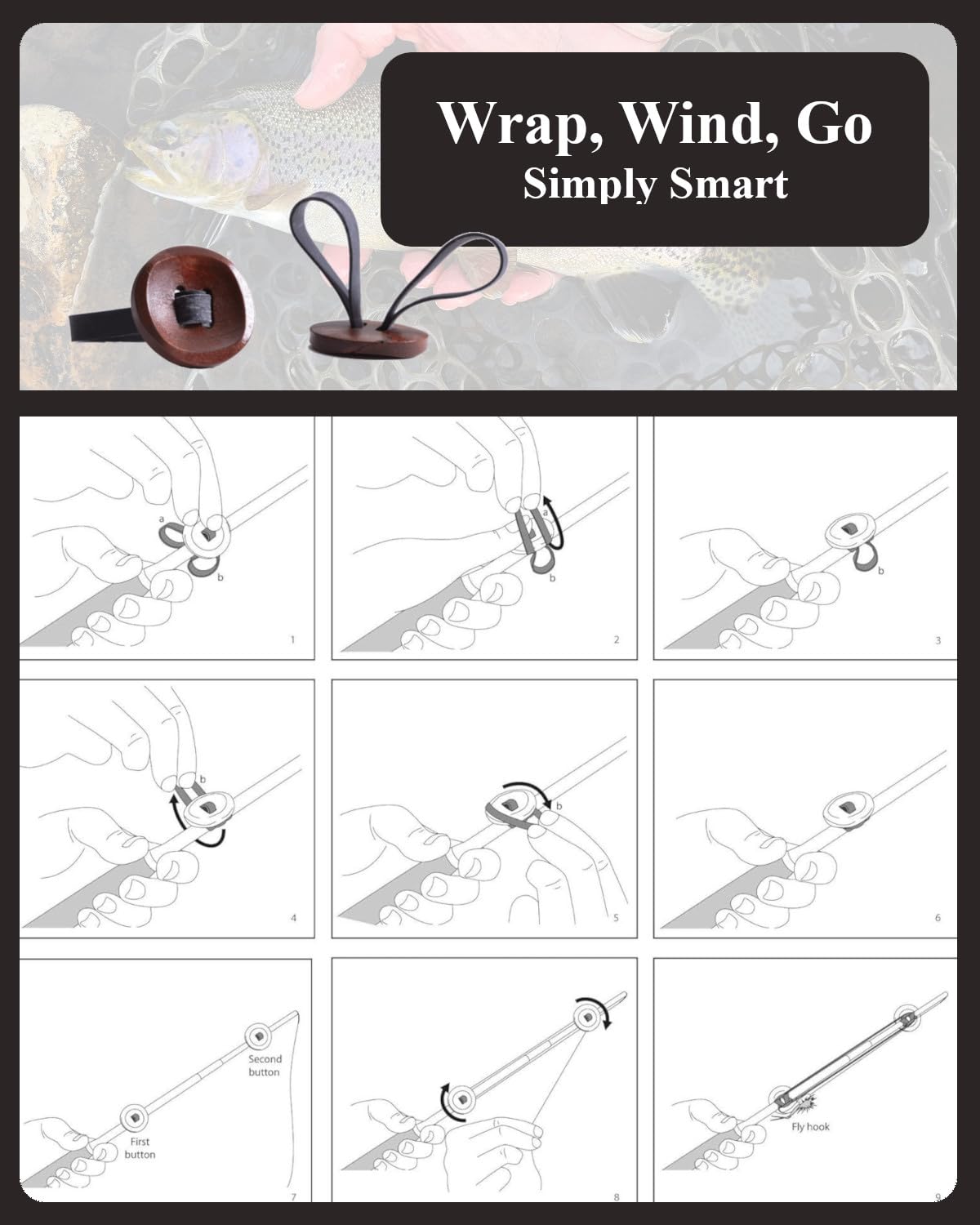 Line wound around wooden buttons for Tenkara setup