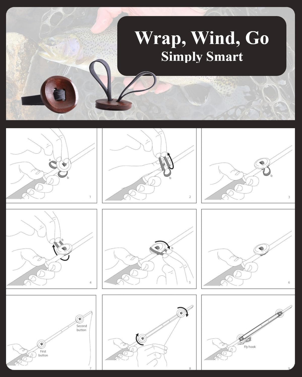Line wound around wooden buttons for Tenkara setup