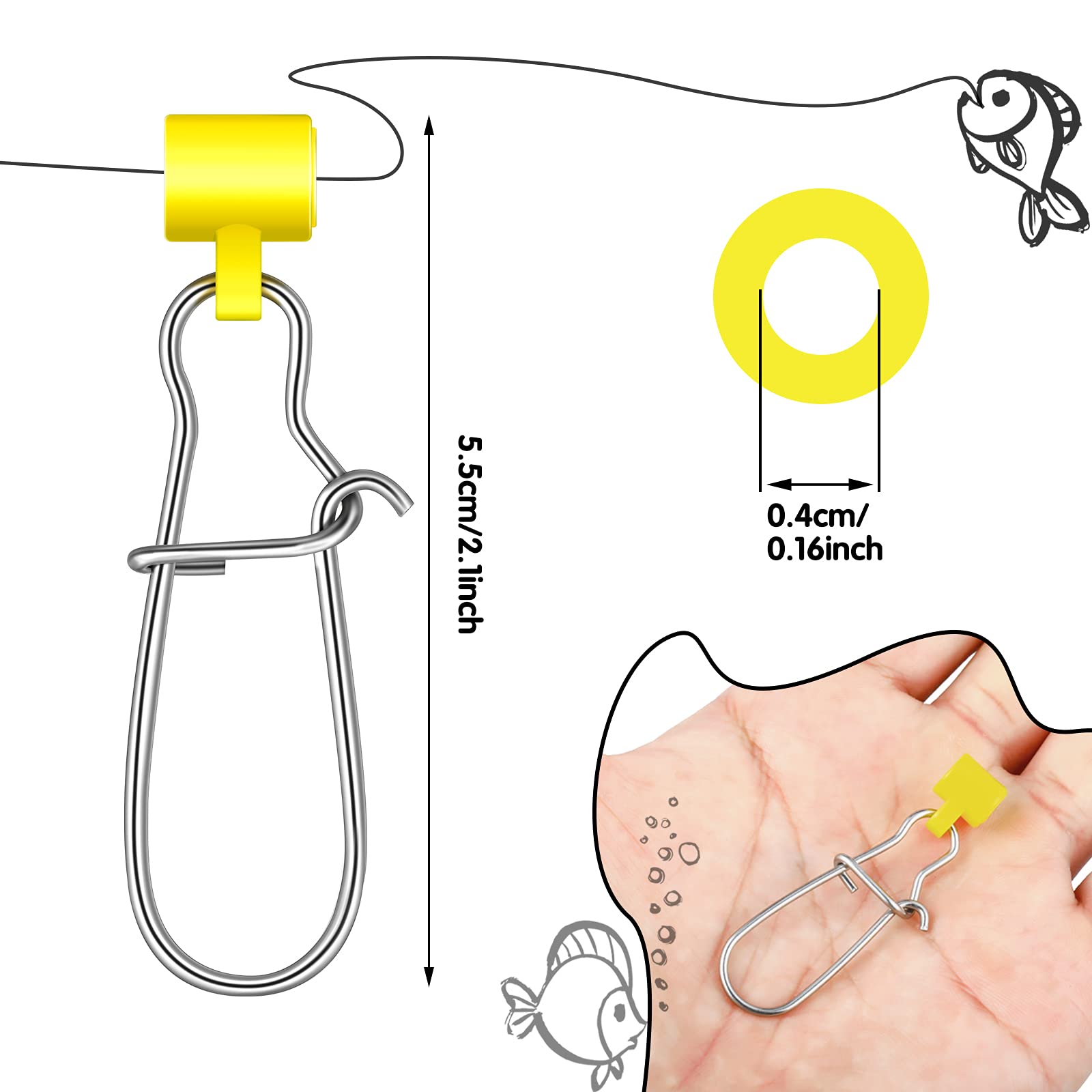 Close-up of stainless steel swivel snap and plastic sinker slide