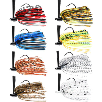 Sumind 8 piece bass fishing jigs with weedless football head and silicone skirts