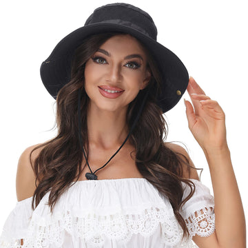 Woman wearing a wide-brim Summer Sun Hat in black