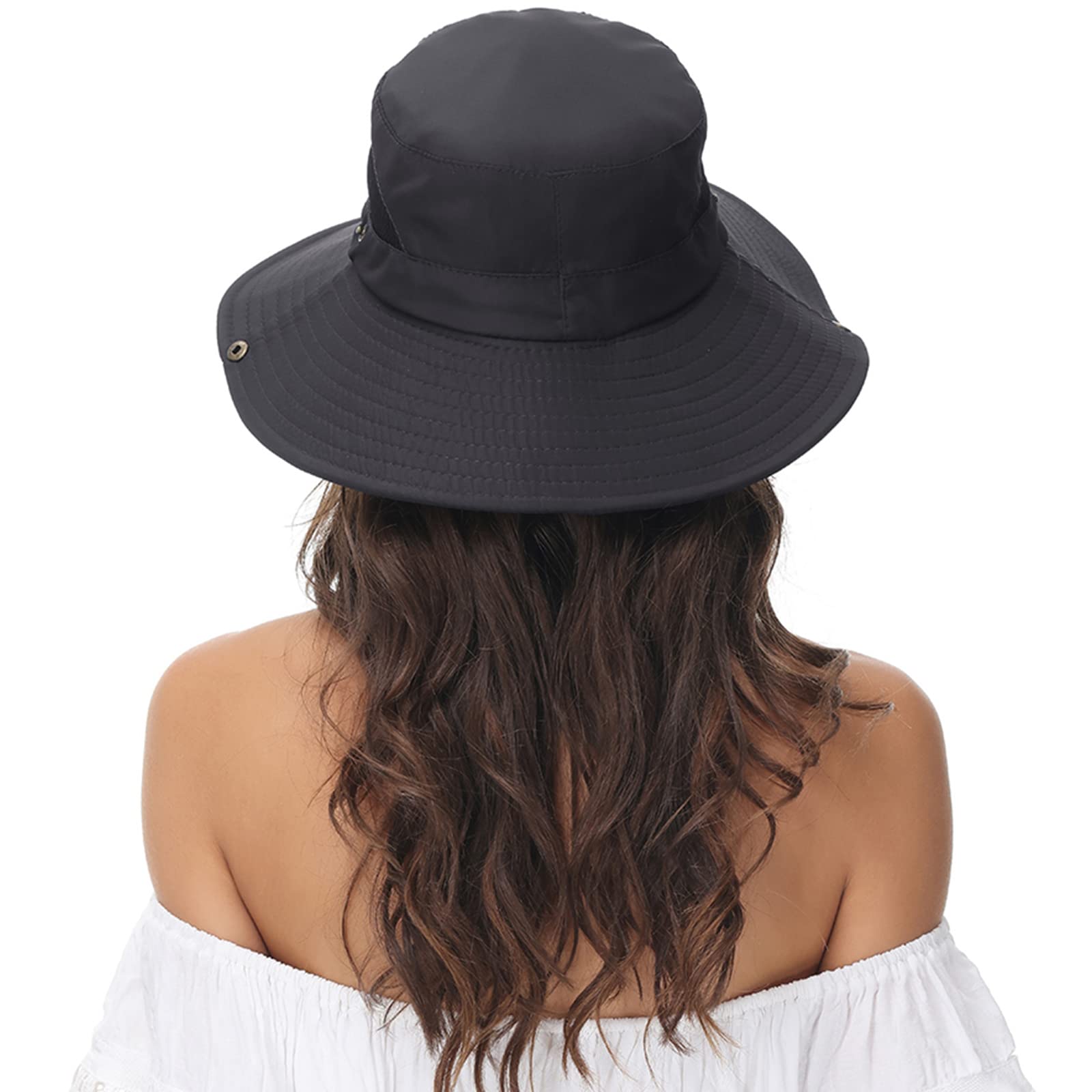 Adjustable drawstring and chin strap on sun hat