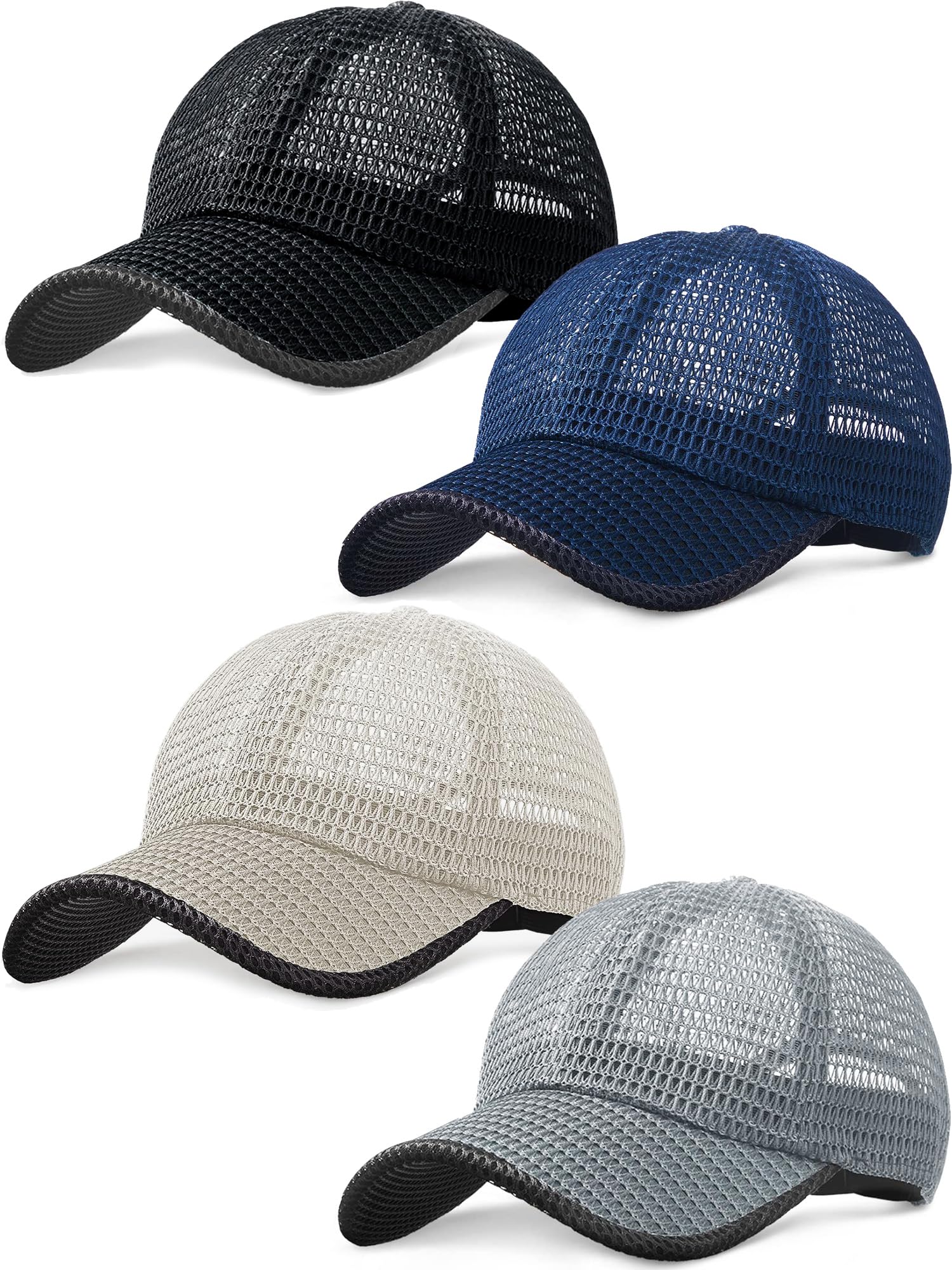 Four-pack summer mesh baseball caps in black, navy, dark gray, and light gray