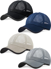 Four-pack summer mesh baseball caps in black, navy, dark gray, and light gray