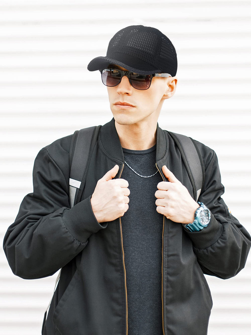 Model wearing a mesh cap during outdoor activity
