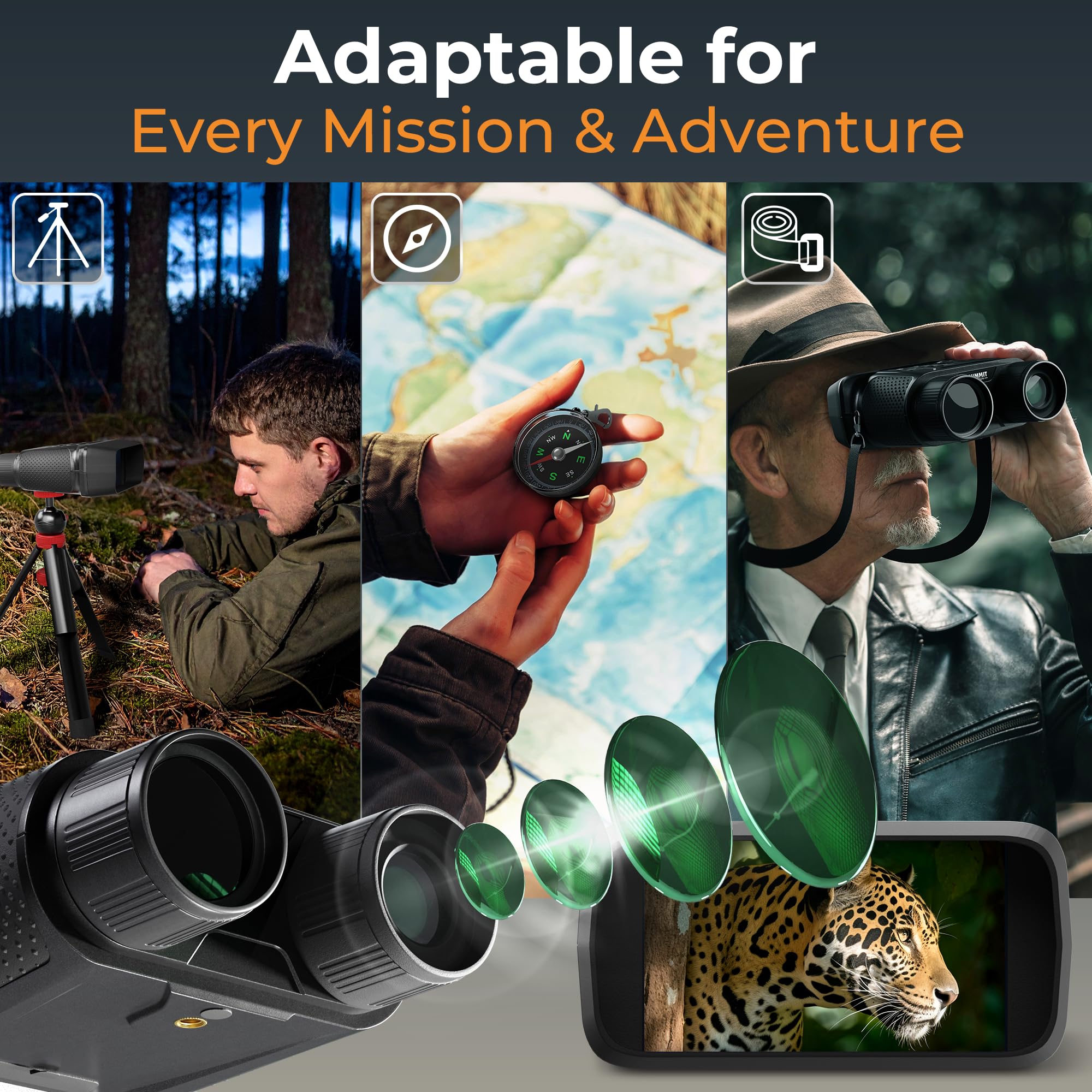 Summit Horizon included tripod stabilizes shots and frees your hands during observation.