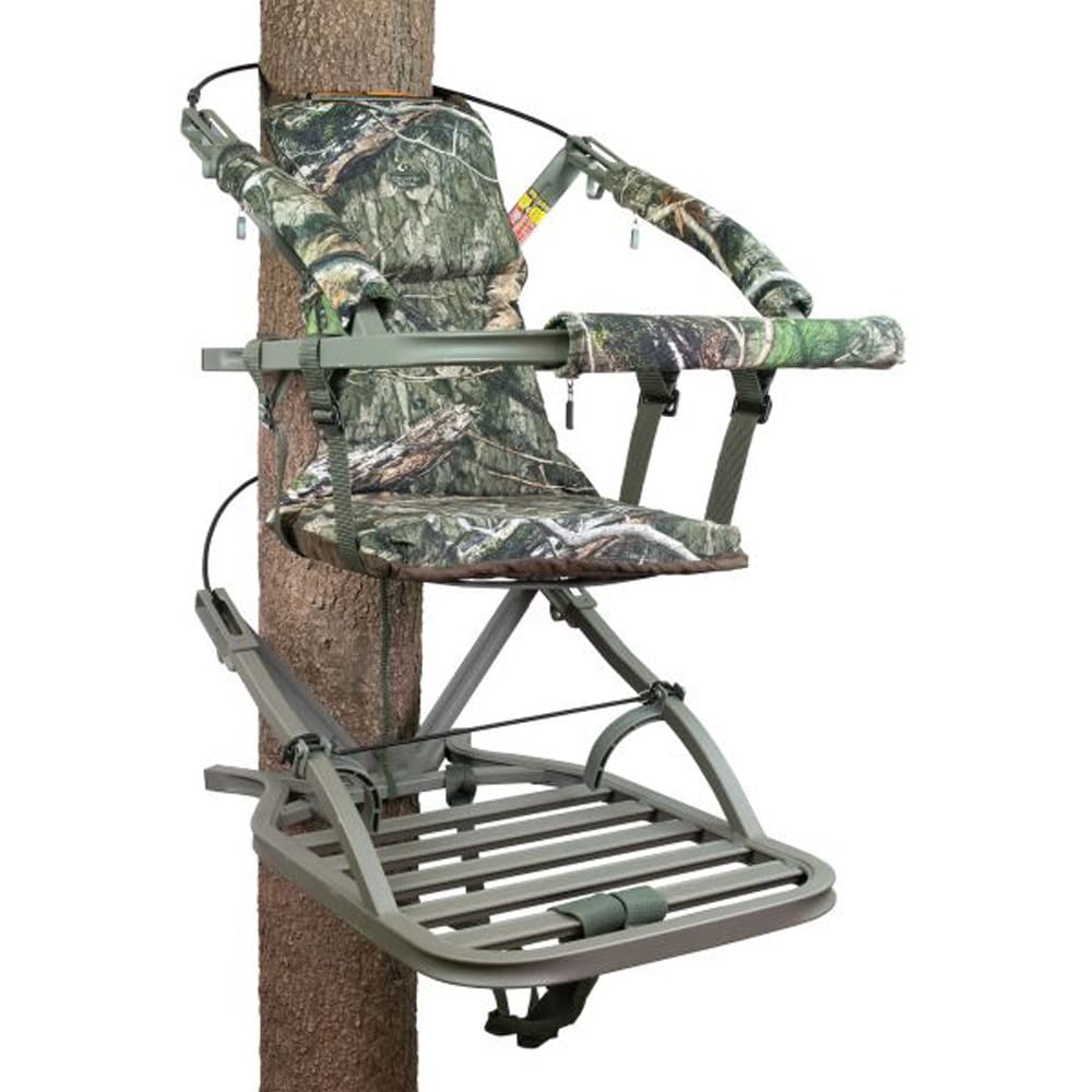 Summit Treestands Viper SD foot platform offers stable footing for long hunts.