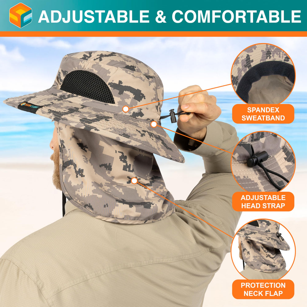 SUN CUBE UV 50+ protection hat shields face and neck during hikes.