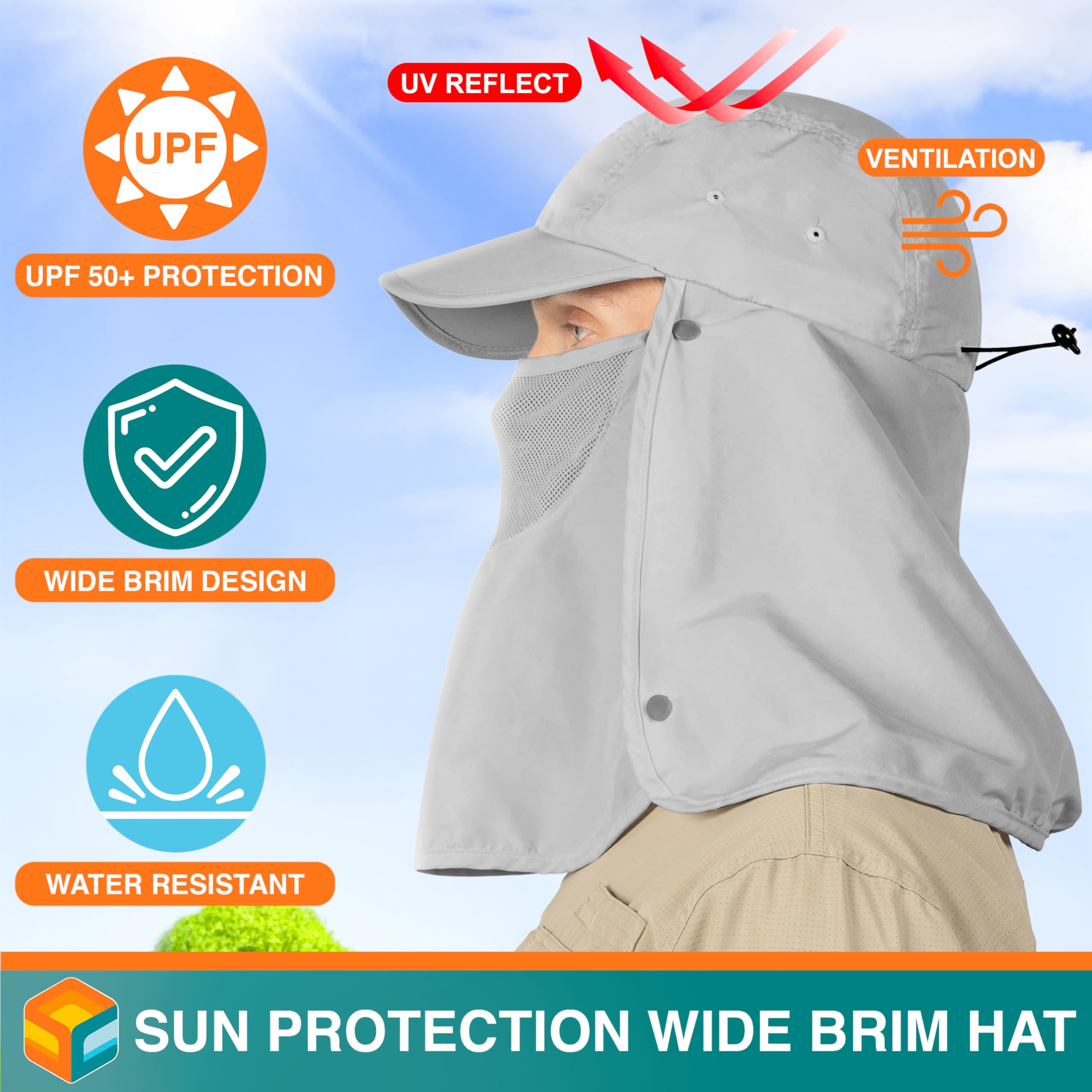 SUN CUBE breathable quick-dry polyester with mesh side panels for comfort.