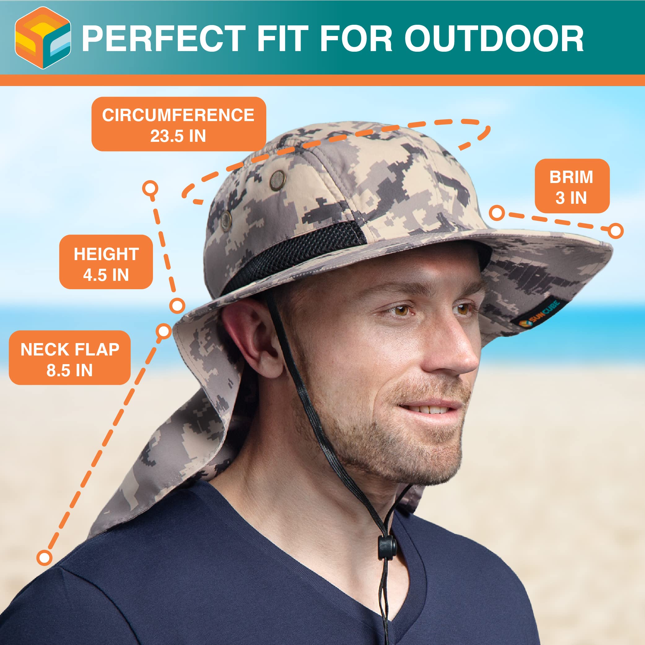 SUN CUBE breathable vented design keeps head cool in heat.