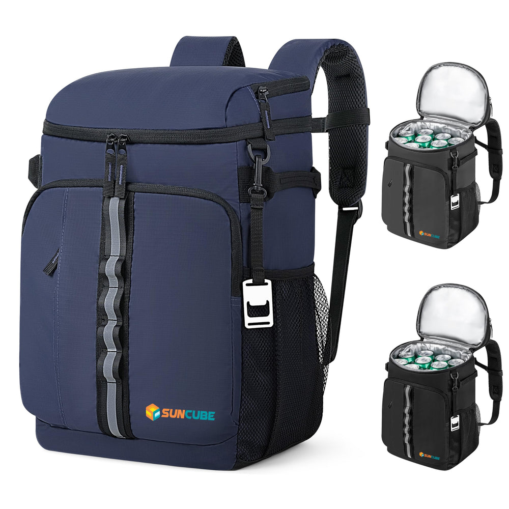 SUN CUBE cooler backpack in use at beach or campsite.