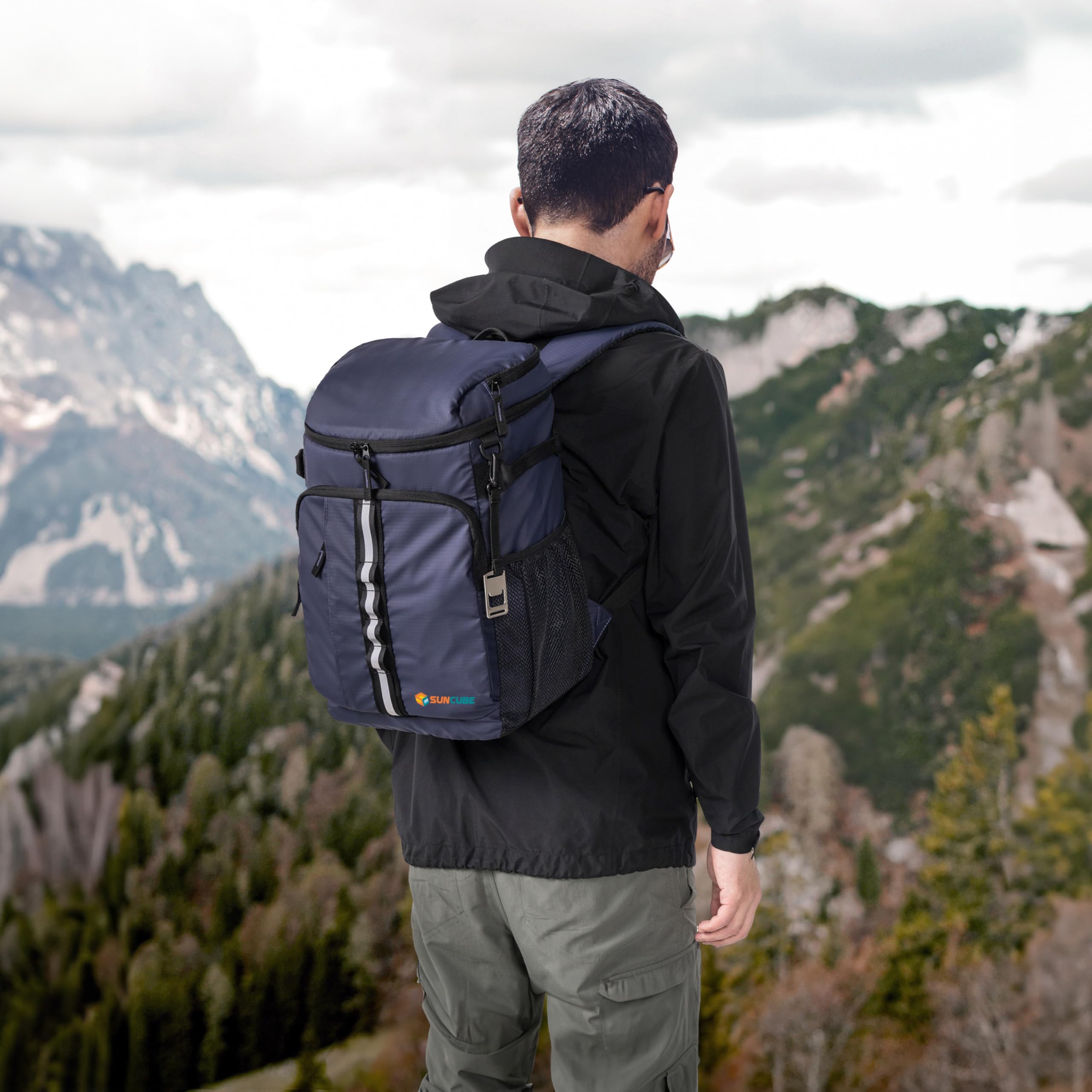 SUN CUBE reflective strap enhances visibility during evening outings.