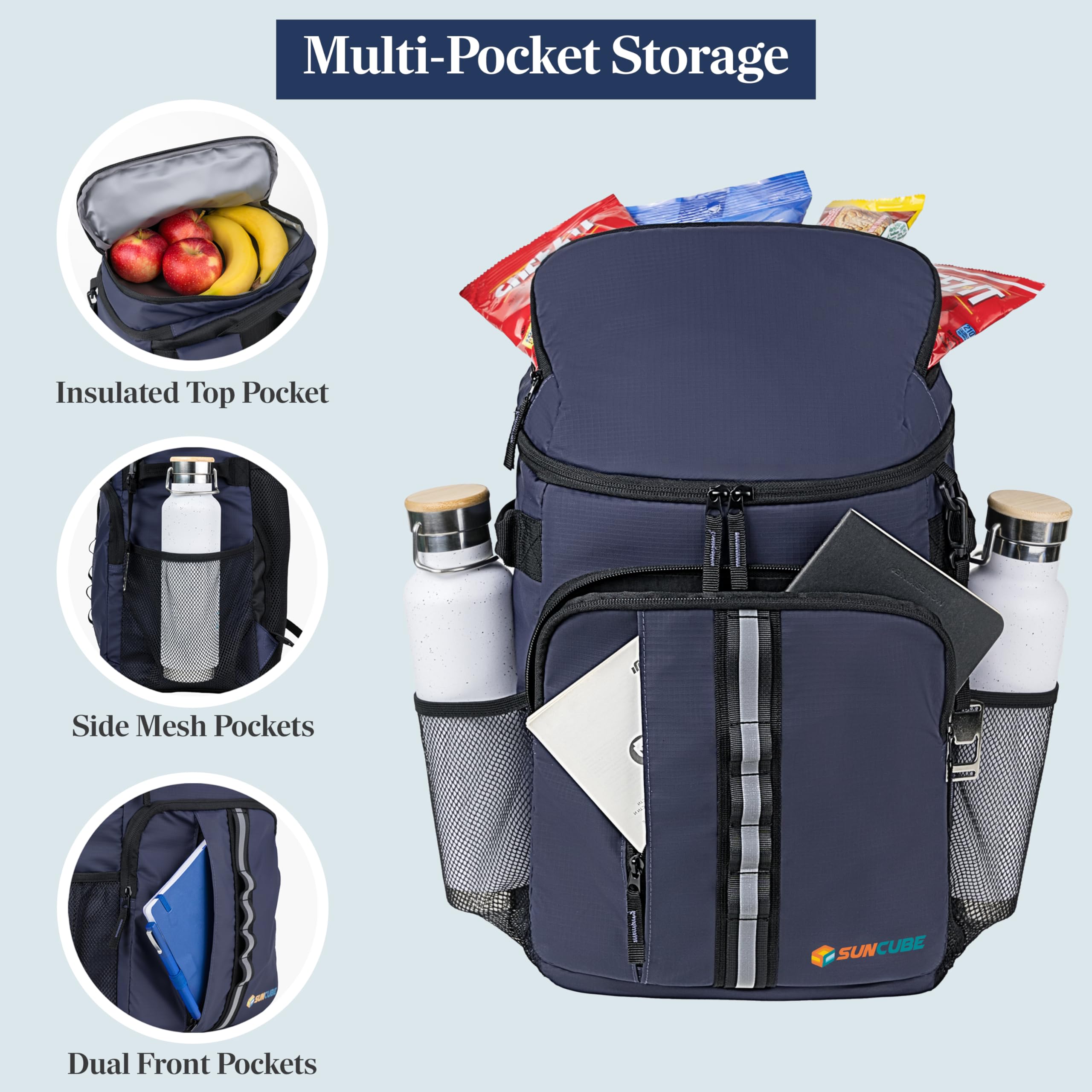 SUN CUBE side mesh pocket designed for water bottle on outdoor trips.