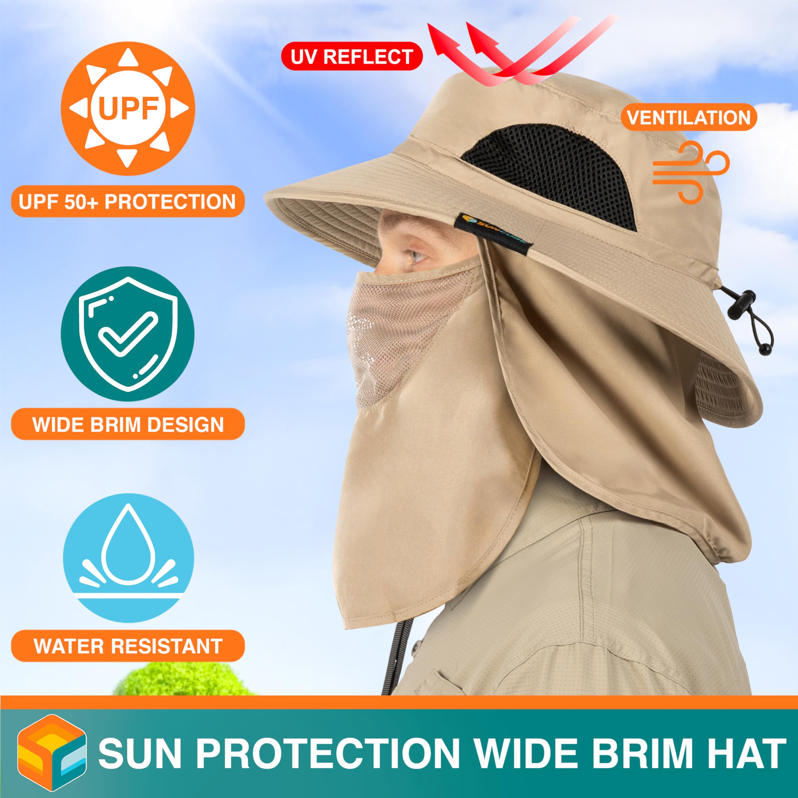 SUN CUBE hat with detachable face cover adapts to sun, wind, and travel needs.