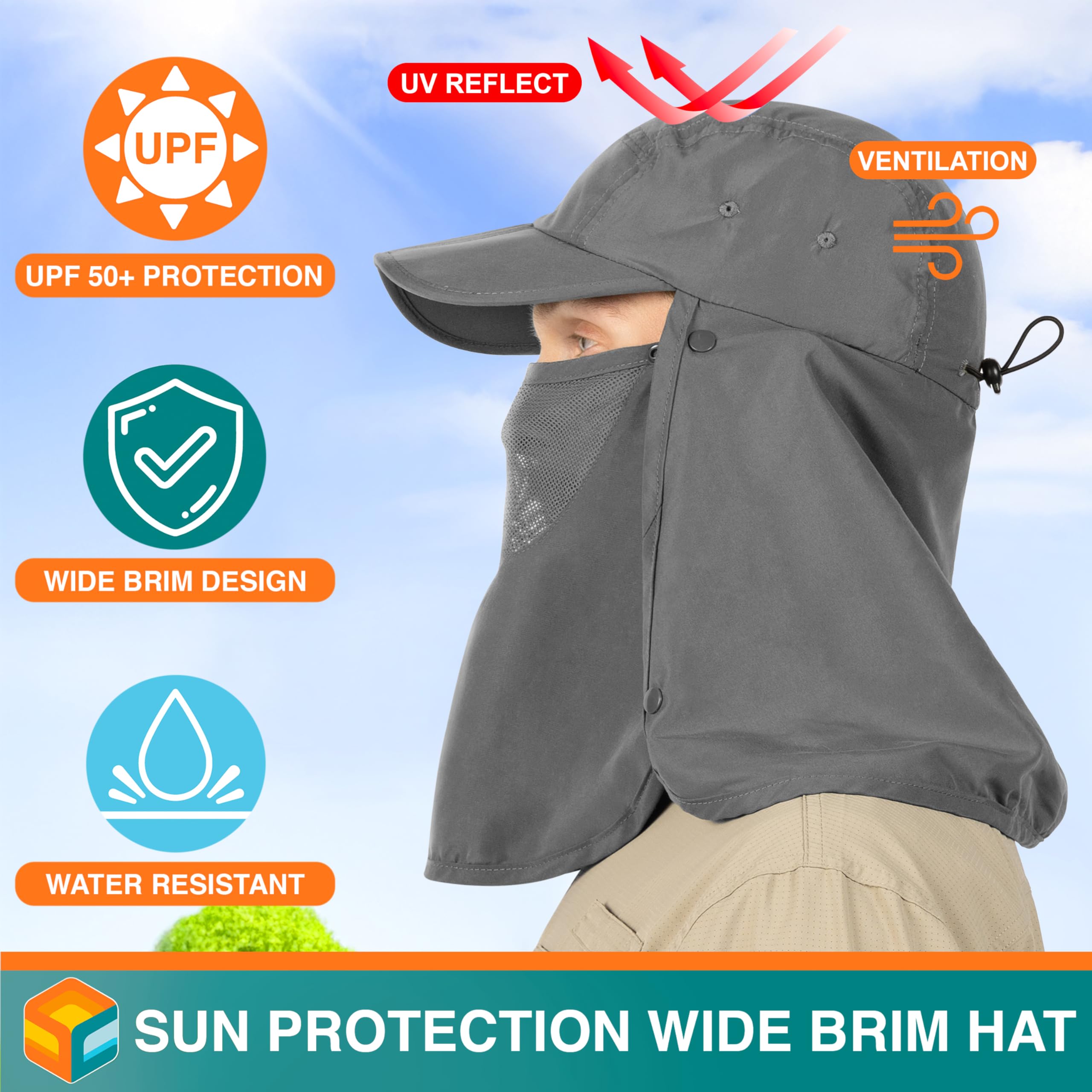 SUN CUBE Fishing Sun Hat face cover keeps your face shielded on windy days.