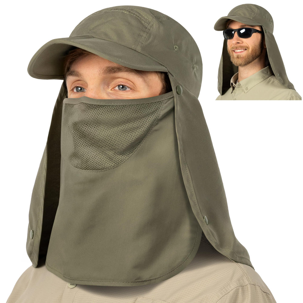 SUN CUBE fishing hat in olive, side view with wide brim for sun protection.