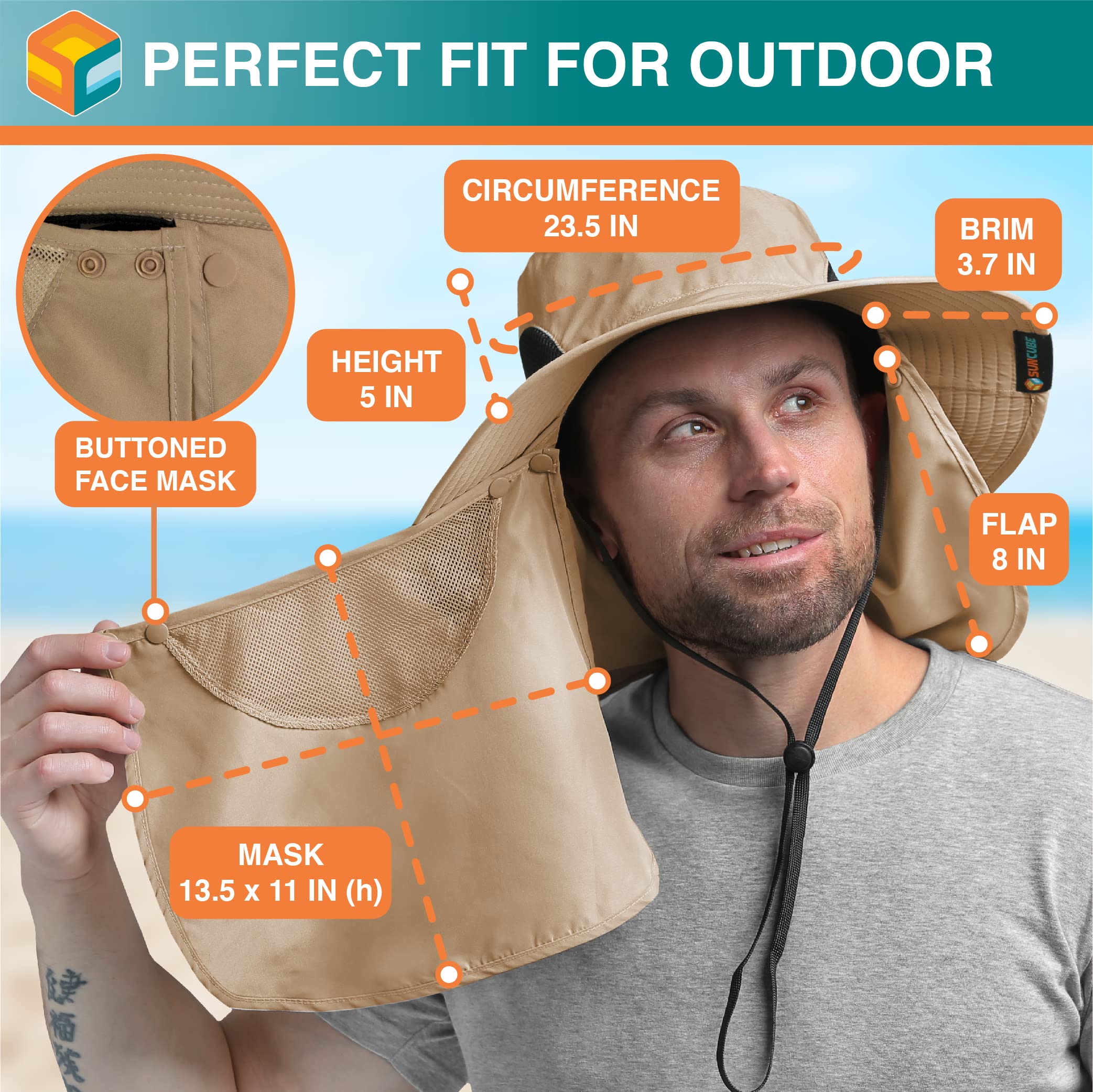 SUN CUBE Hat with UPF50+ blocks UVA and UVB rays for sun safety.