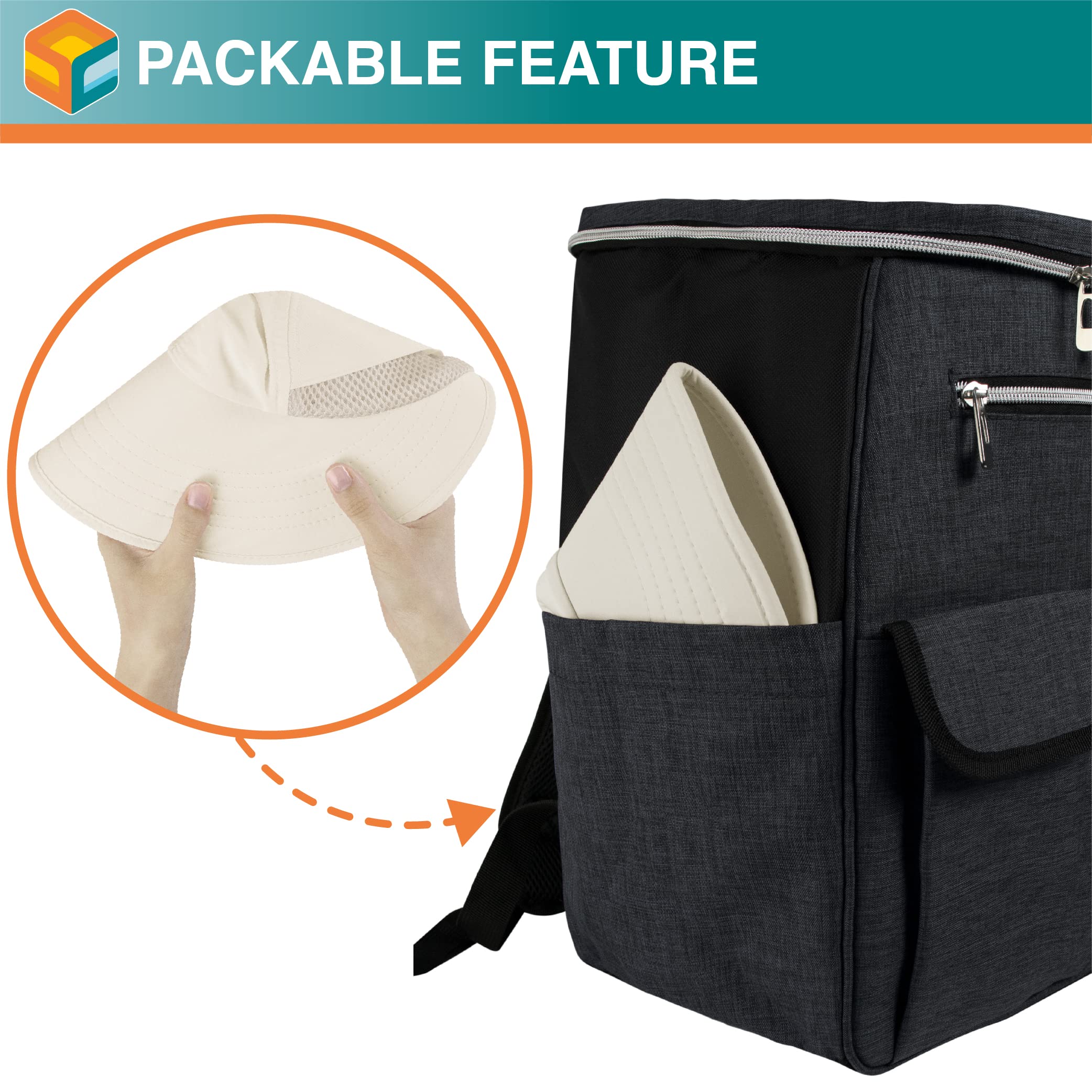 SUN CUBE sun hat with adjustable chin strap stays secure in wind.