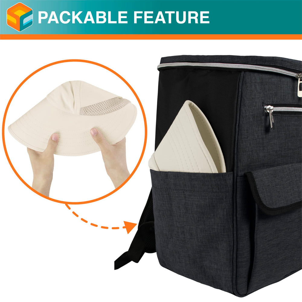 SUN CUBE sun hat with adjustable chin strap stays secure in wind.