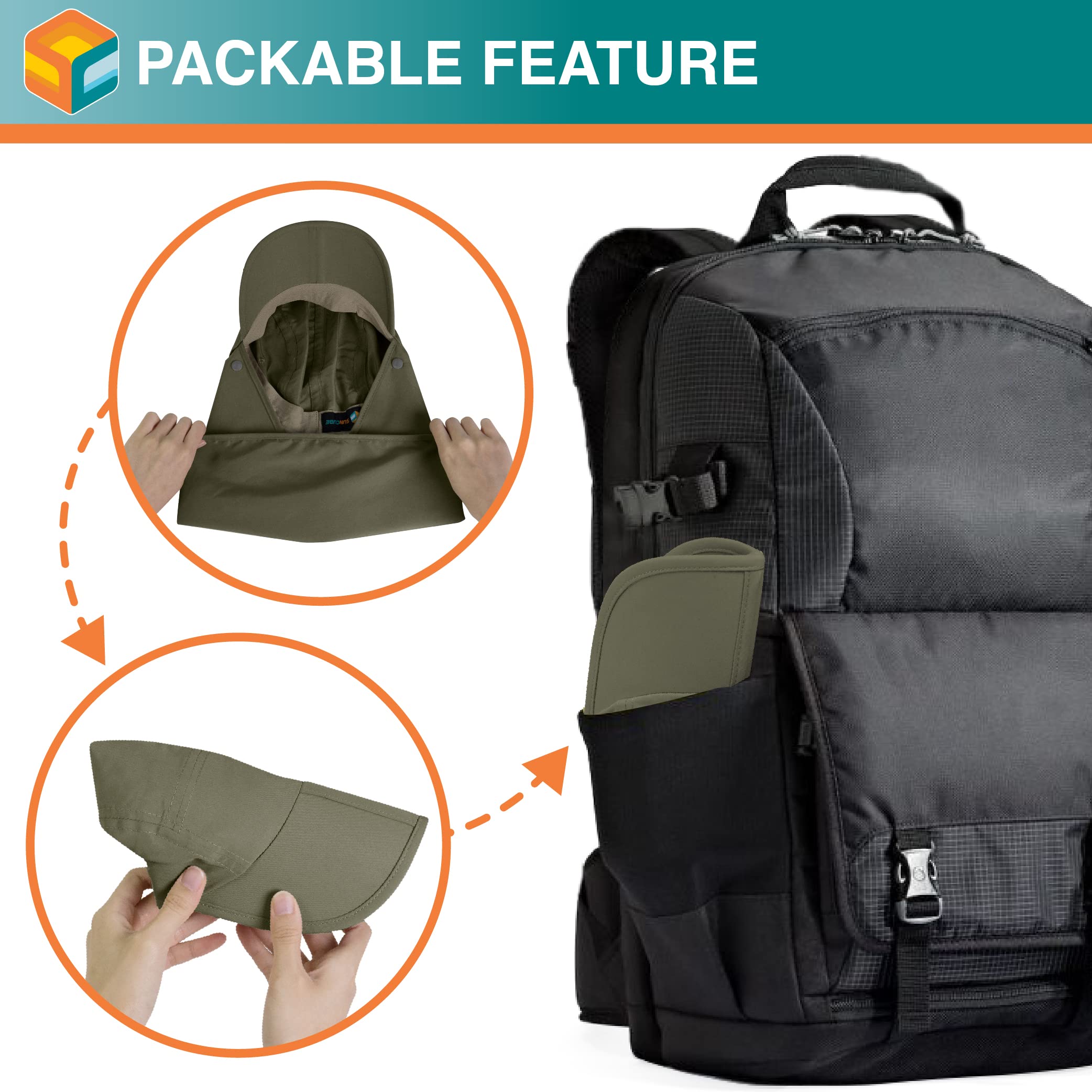 Foldable brim on SUN CUBE hat for easy packing in a backpack.
