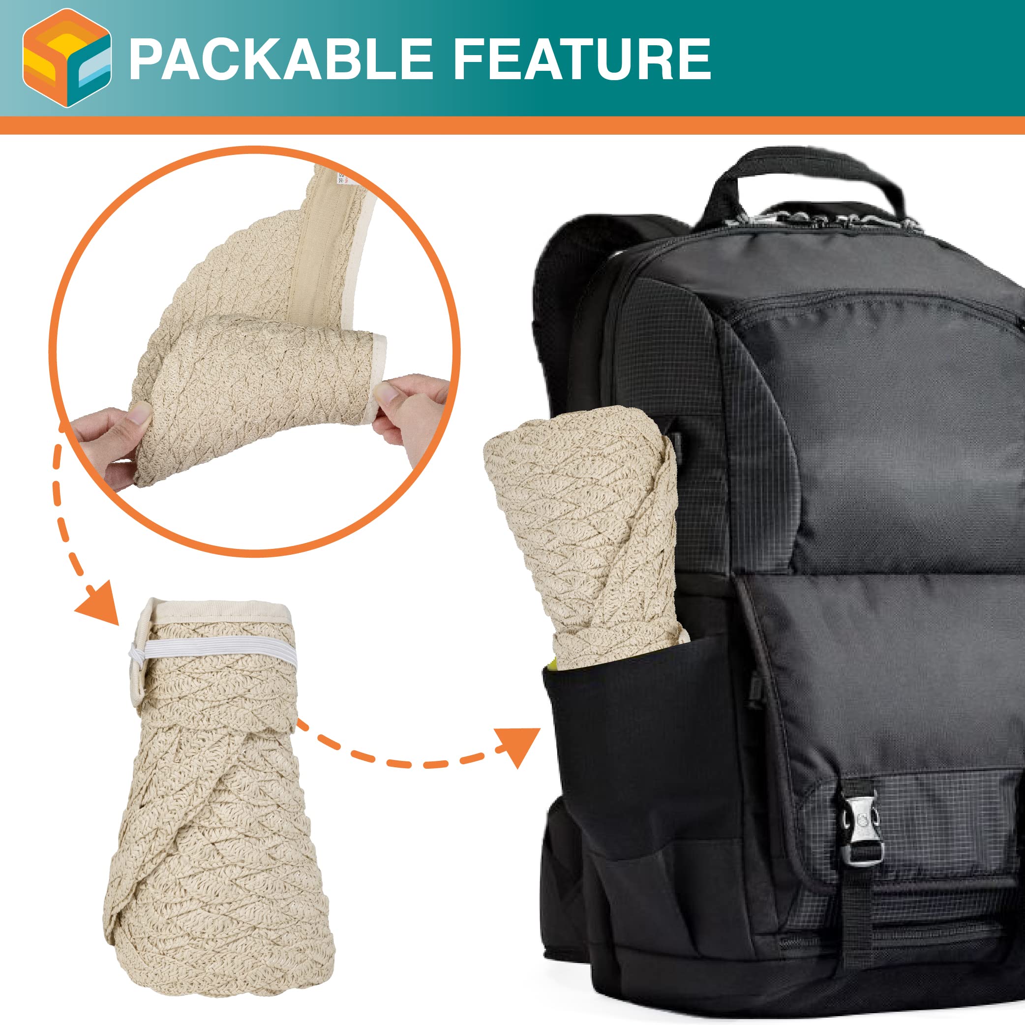 Travel-friendly SUN CUBE hat that folds and rolls for luggage