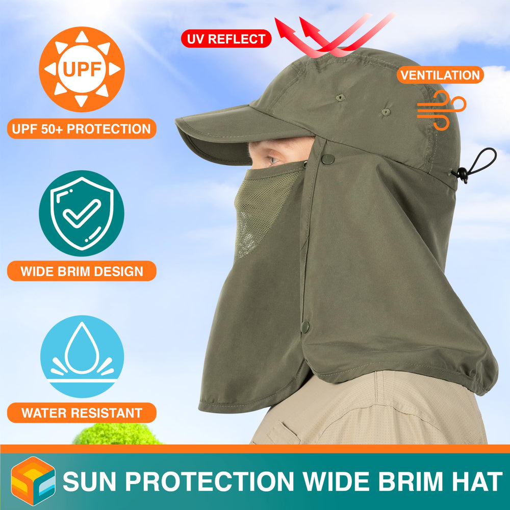 Removable face cover on SUN CUBE hat for adjustable facial protection.
