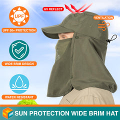 Removable face cover on SUN CUBE hat for adjustable facial protection.
