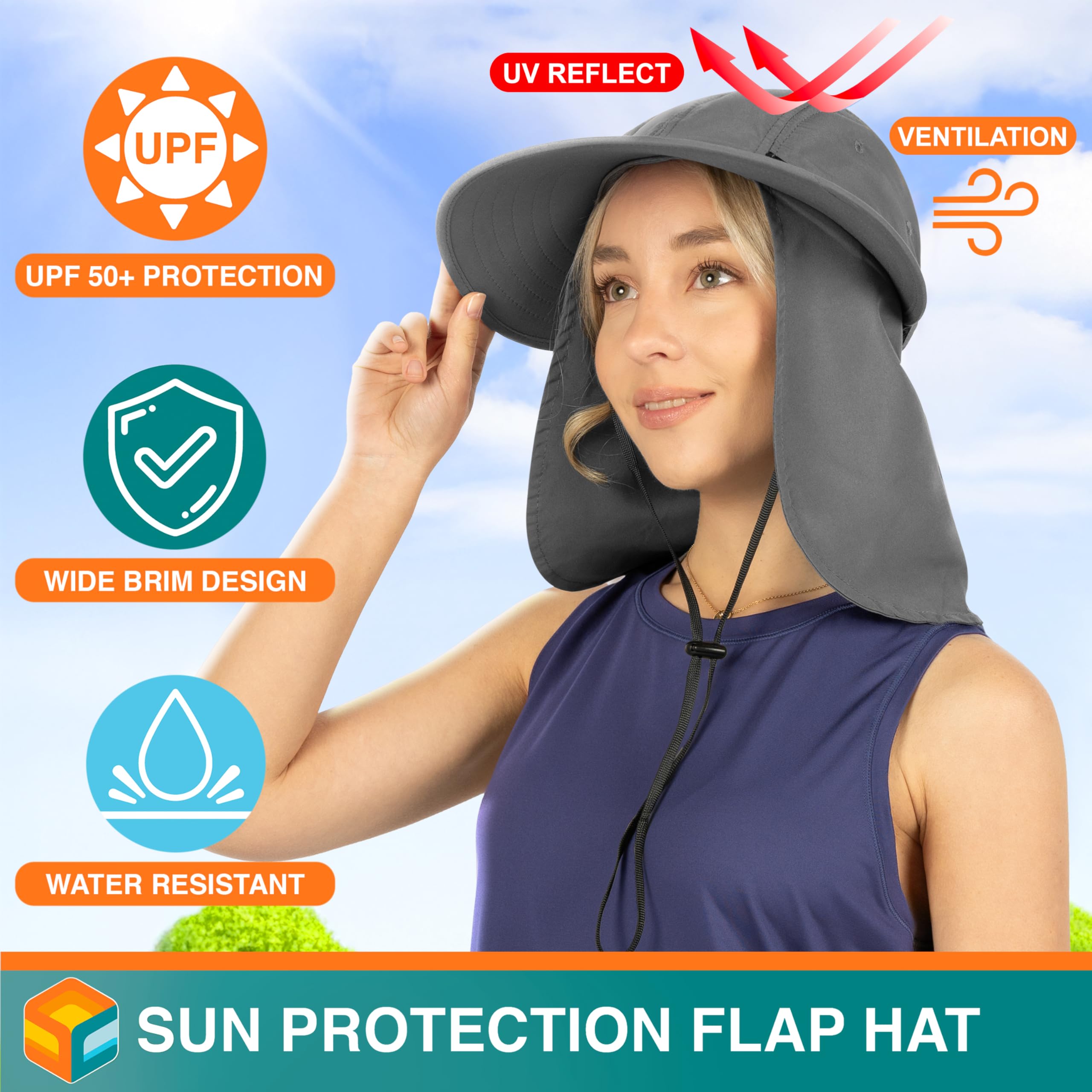 SUN CUBE hat with neck flap for extended sun protection outdoors.