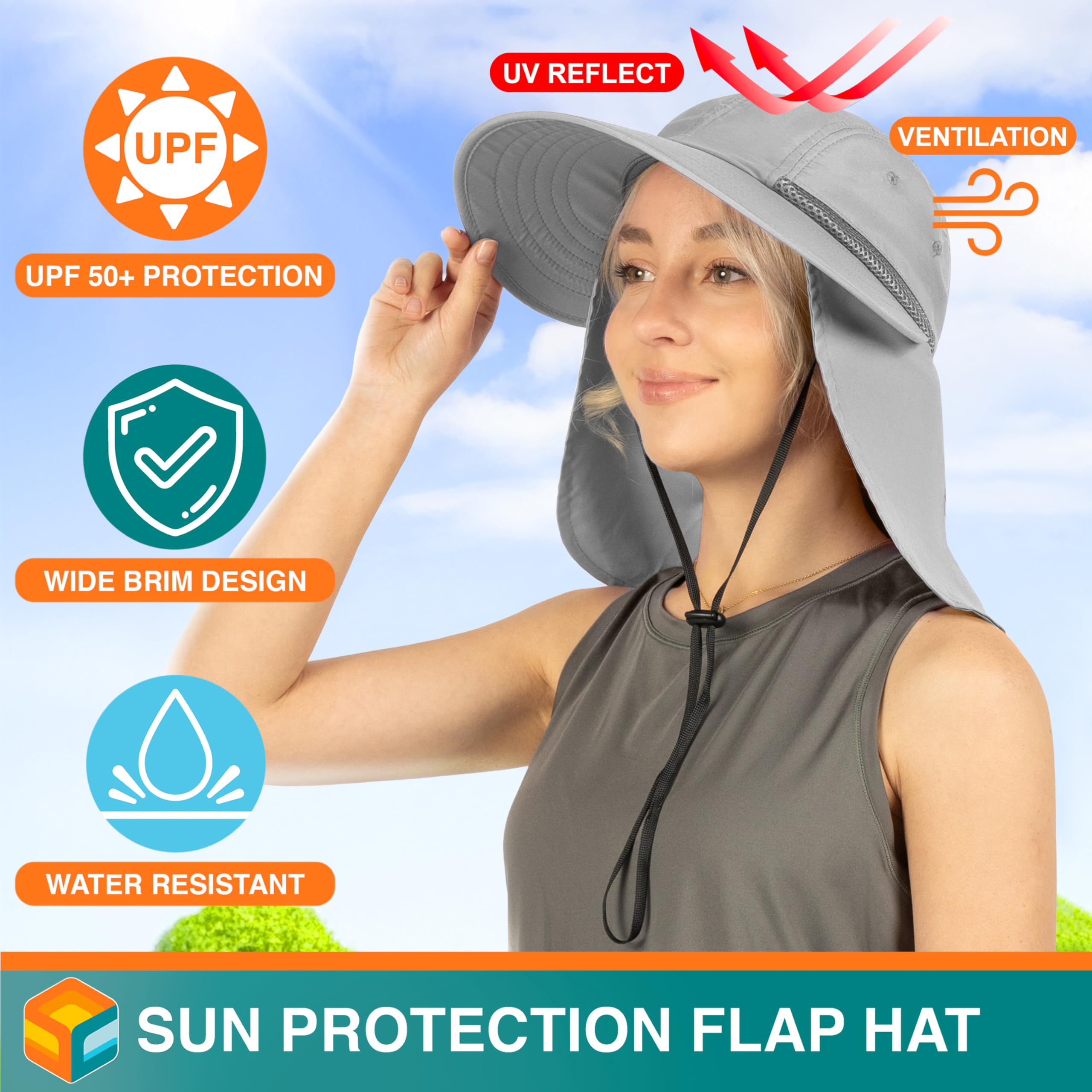 SUN CUBE hat neck flap shields neck from sun during gardening.
