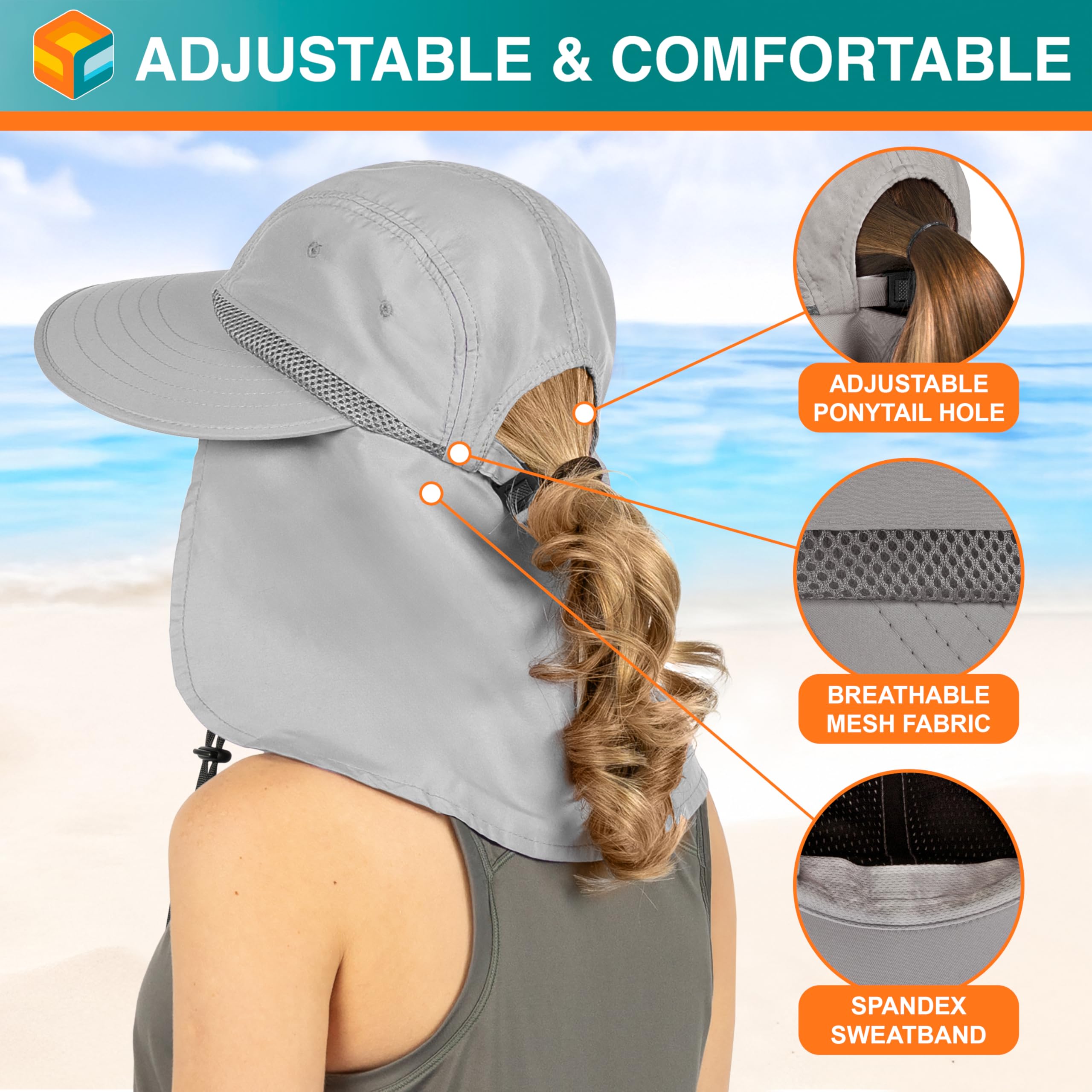 SUN CUBE wide brim hat provides extensive sun shade for face.