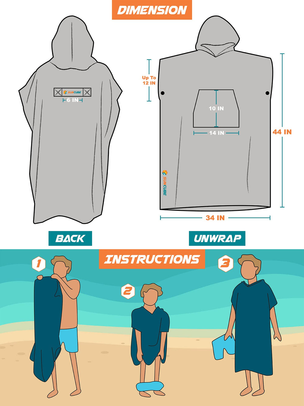 Sun Cube Surf Poncho orange-blue stripe style for beach days