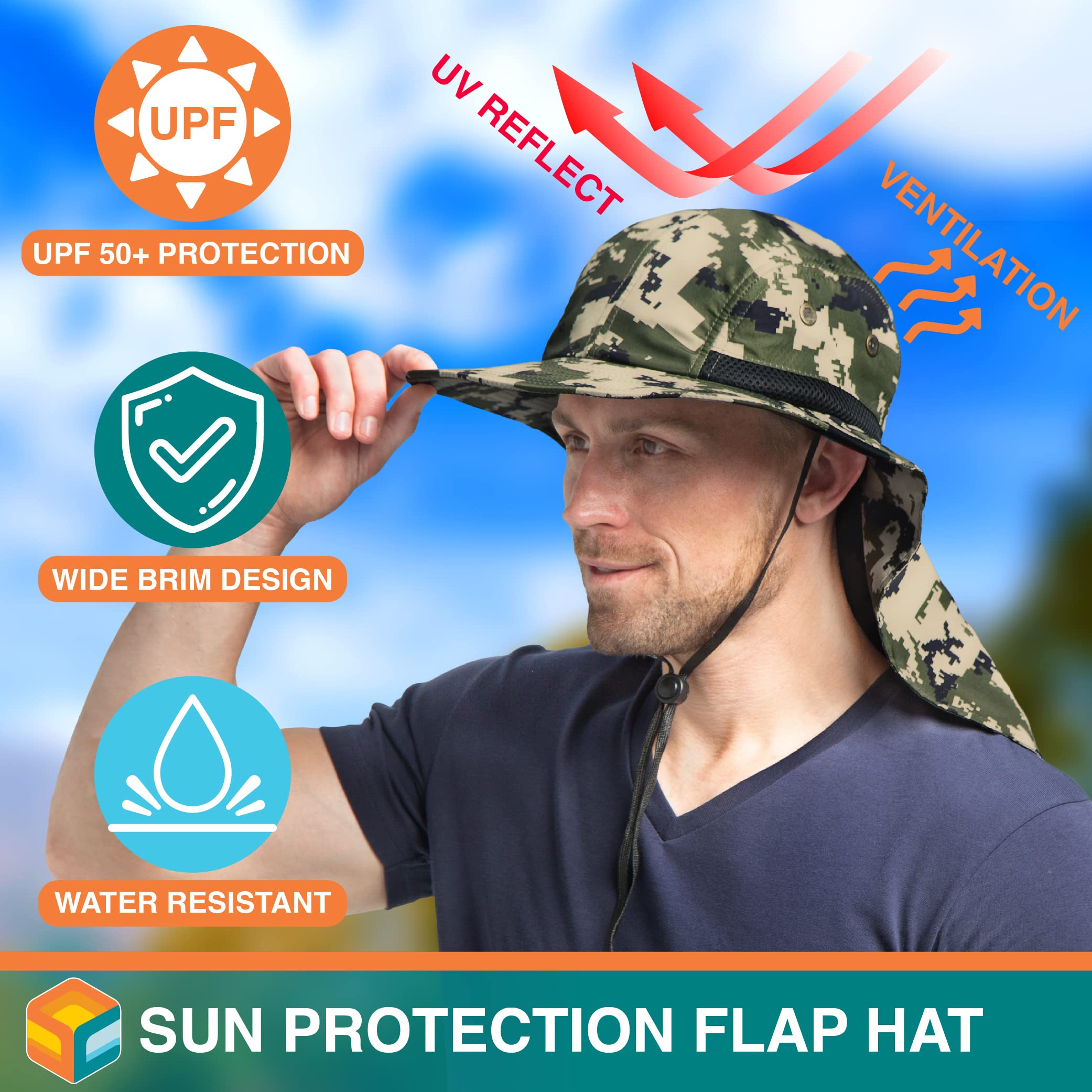 Sun Cube unisex camo green hat ideal for hiking and outdoor style.
