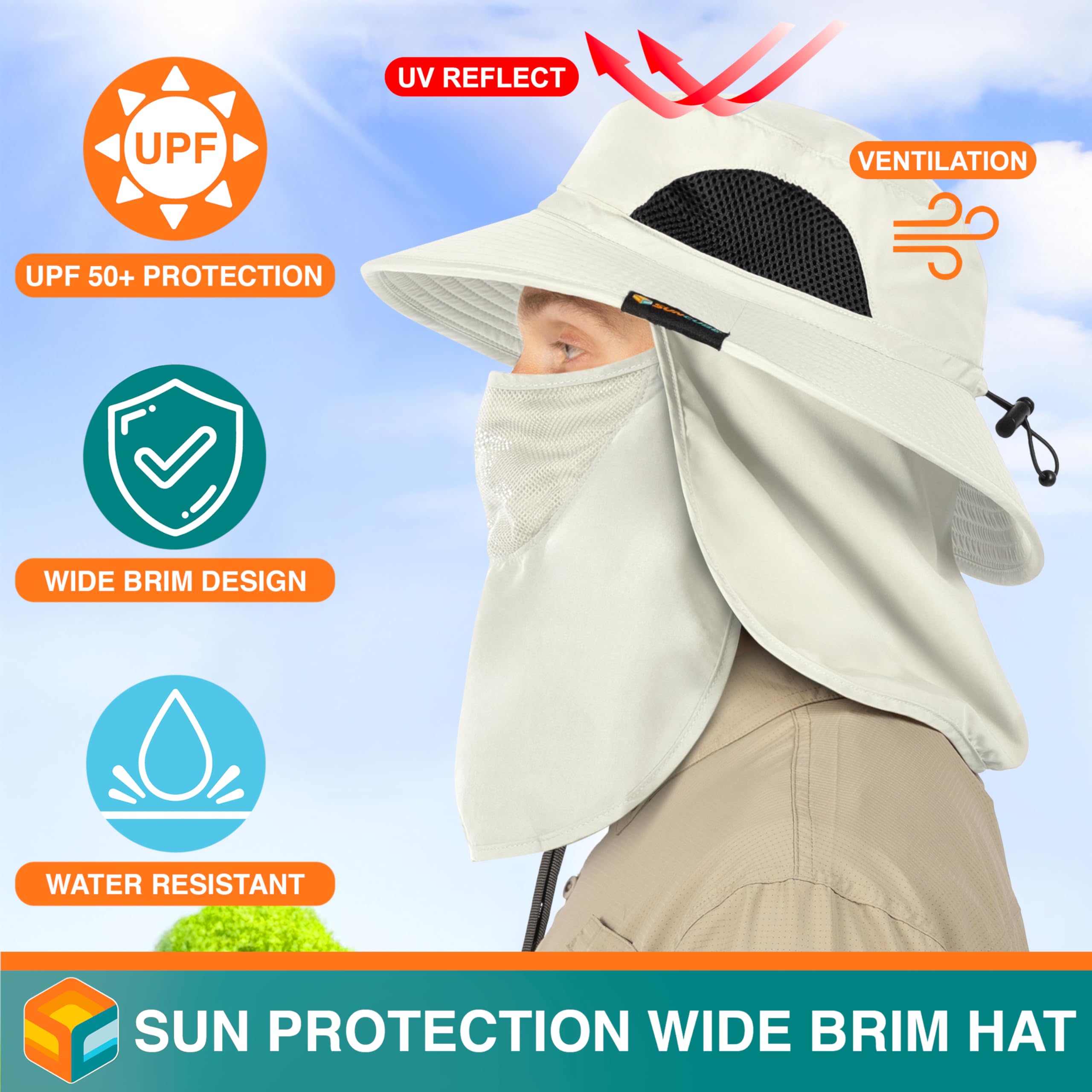 SUN CUBE wide brim hat provides UPF50+ shade for sunny days