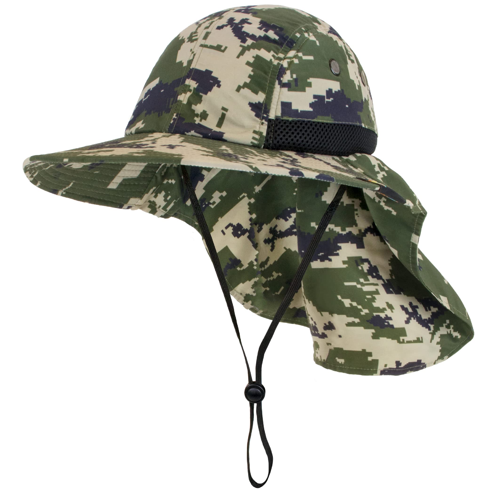 Sun Cube wide brim hat with face shade and neck flap for sun protection.