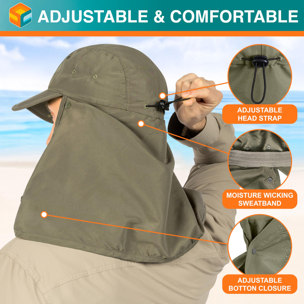 SUN CUBE hat with wide brim providing shade during outdoor activities.
