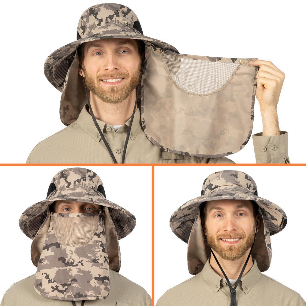 SUN CUBE wide-brim hat with breathable mesh crown keeps you cool on sunny days.