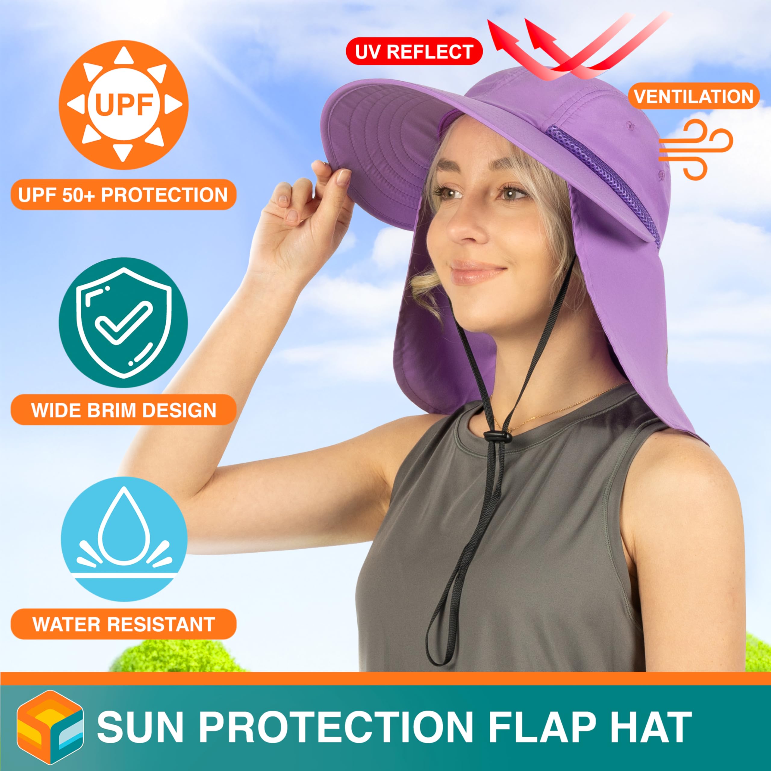 SUN CUBE women's hat neck flap shields neck from sun during outdoor activities.