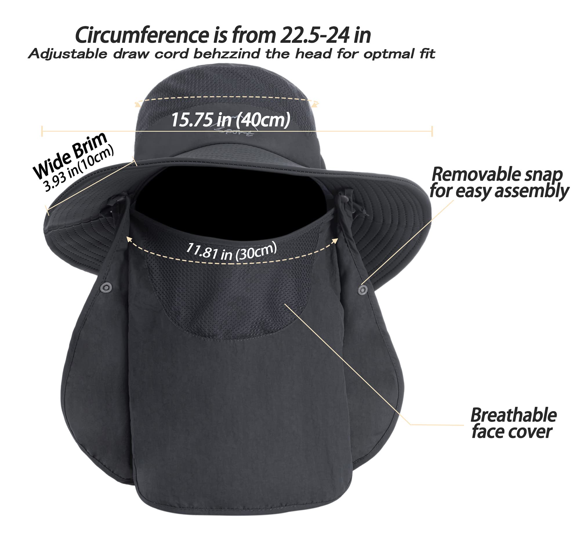Adjustable chin strap and rear drawstring on sun hat