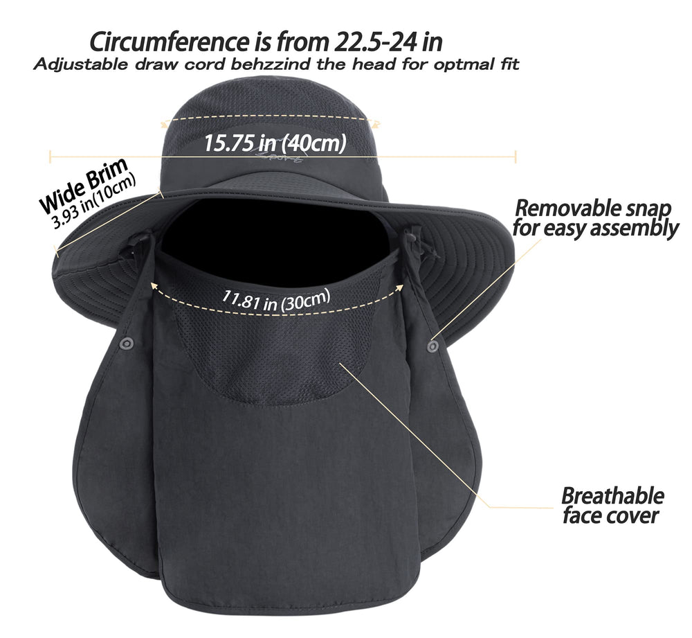 Adjustable chin strap and rear drawstring on sun hat